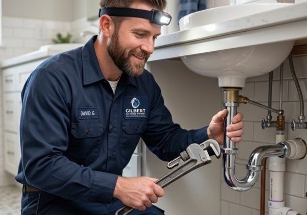 Plumber installing a tankless water heater in a Gilbert home